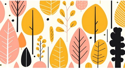 Abstract Autumnal Forest with Yellow and Pink Leaves