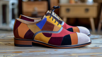 Multi-colored patchwork leather oxford shoes