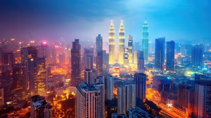 Illustration High angle view of skyscrapers in financial and business district at night with modern lights. Ai generated image