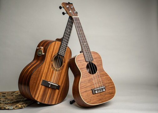 Candid Photography of a Ukulele and Cavaco on a Neutral Background, Perfect for Music Enthusiasts and Creative Projects, Highlighting the Craftsmanship and Beauty of These Instruments