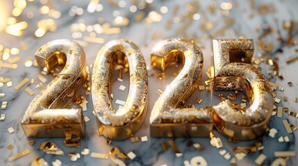 Word "2025", shining golden on isolated white happy new year background.