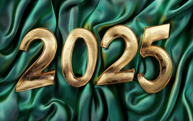 green silk with golden embroidery: 3D text "2025" with luxurious green silk texture and fine gold embroidery, festive light, white background