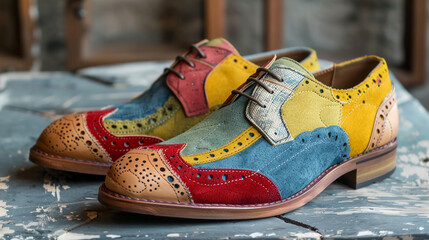 Multi-colored patchwork leather oxford shoes