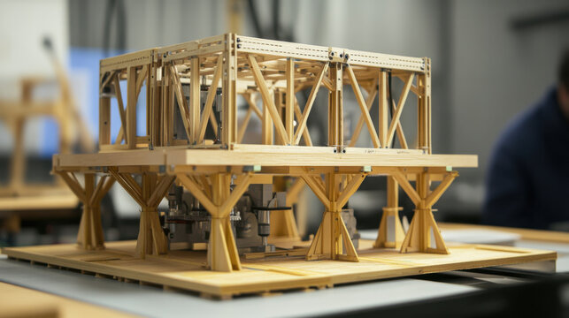 detailed model of structural engineering building designed for earthquake simulation, showcasing wooden beams and supports in laboratory setting