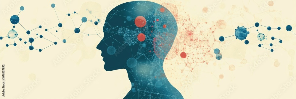Poster a silhouette of a human head in profile, surrounded by colorful molecules and scientific diagrams il