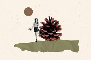 Creative collage young girl hold flowers bouquet bunch environment forest park cone amazed shocked...