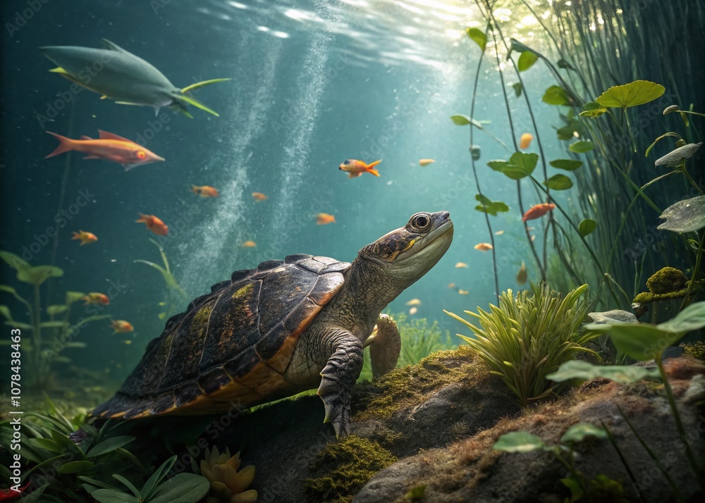 Poster Captivating Alligator Turtle Underwater with Bokeh Effect, Showcasing Its Shell Patterns and Natural Habitat in a Dreamy Setting with Soft Light and Vibrant Colors