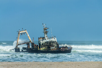 Zelia shipwreck on the Skeleton coast of Namibia near Henties Bay and Swakopmund, Namibia travel,...