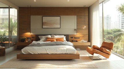 Modern bedroom with wooden accents and large windows.