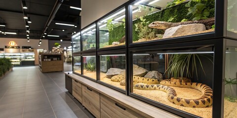 Fototapeta premium Captivating Architectural Photography Featuring a Stylish Display of Eastern Hognose Snakes for Sale in a Modern Reptile Store