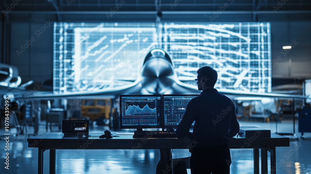 Poster aerospace engineer analyzing data for supersonic jet design in high tech environment. futuristic set