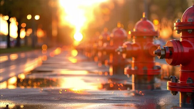 A row of red fire hydrants on a wet pavement with a warm sunset in the background.