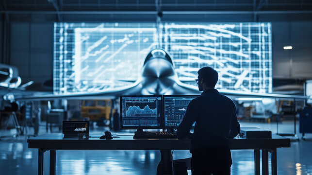 Aerospace engineer analyzing data for supersonic jet design in high tech environment. futuristic setting showcases advanced technology and innovation
