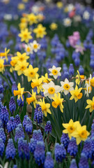 Colorful field of yellow daffodils and blue hyacinths creates springtime visual harmony Vertical Mobile Wallpaper