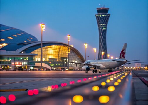 Captivating Bokeh Effect at Hamad International Airport with Vibrant Lights and Modern Architecture Showcasing the Essence of Travel and Adventure