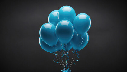 A bunch of blue balloons are tied together and floating against a gray backdrop