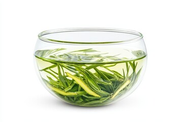 Ginseng Xiao Zhong tea is prepared in a double walled glass container against a white backdrop
