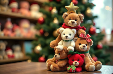 Fototapeta premium Cozy christmas bears pyramid in festive toy store setting