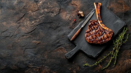 A perfectly grilled tomahawk steak with a bone, herbs, and a knife on a black slate cutting board.
