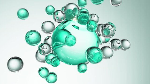 Turquoise cosmetic serum with liquid bubbles in a 3D abstract background. Hydrating essence gel enriched with collagen molecules. Moisturizing cream or oil for advanced skincare, beauty.