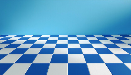 水色の壁と青と白のチェック柄フロア