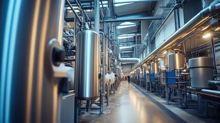 Fototapeta premium Industrial Interior, Steel Pipes and Tanks