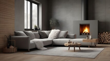 Minimalist, rustic modern living room interior design. Corner sofa with gray and fur cushions near the fireplace