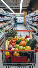Shopping cart filled with fresh produce in vibrant grocery store aisle Vertical Mobile Wallpaper