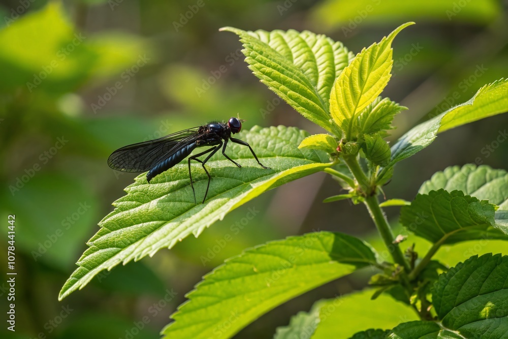 Poster captivating close-up of a black insect with wings resting on a leaf in a lush green environment with