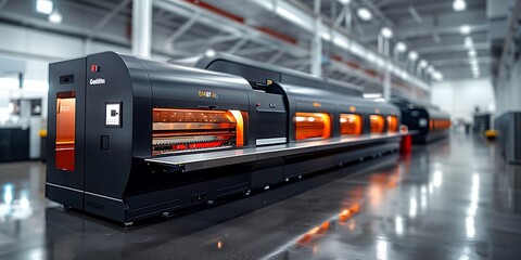 3d rendering of a large printer machine in a factory or warehouse