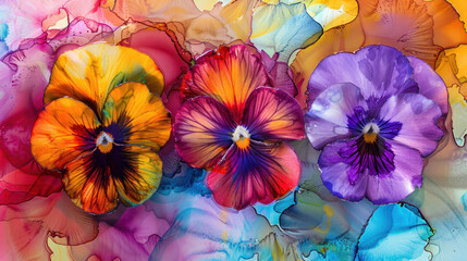 Vibrant Pansies on Colorful Alcohol Ink Background as Wallpaper Illustration – Artistic Floral Illustration