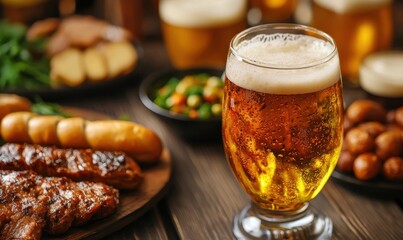 A vibrant spread featuring a glass of beer with assorted tasty snacks on a wooden table.