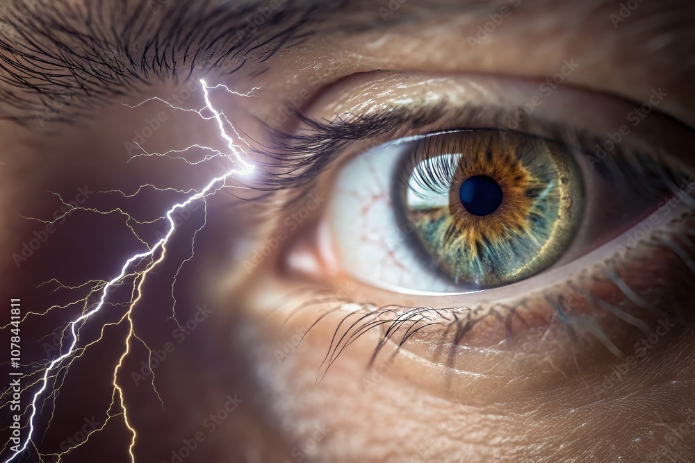 Poster captivating close-up of a human eye with lightning emanating from it, showcasing powerful emotion an