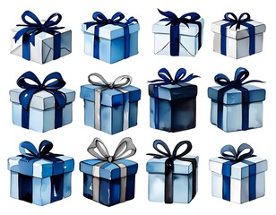 Collection of Christmas blue gift boxes with ribbons
