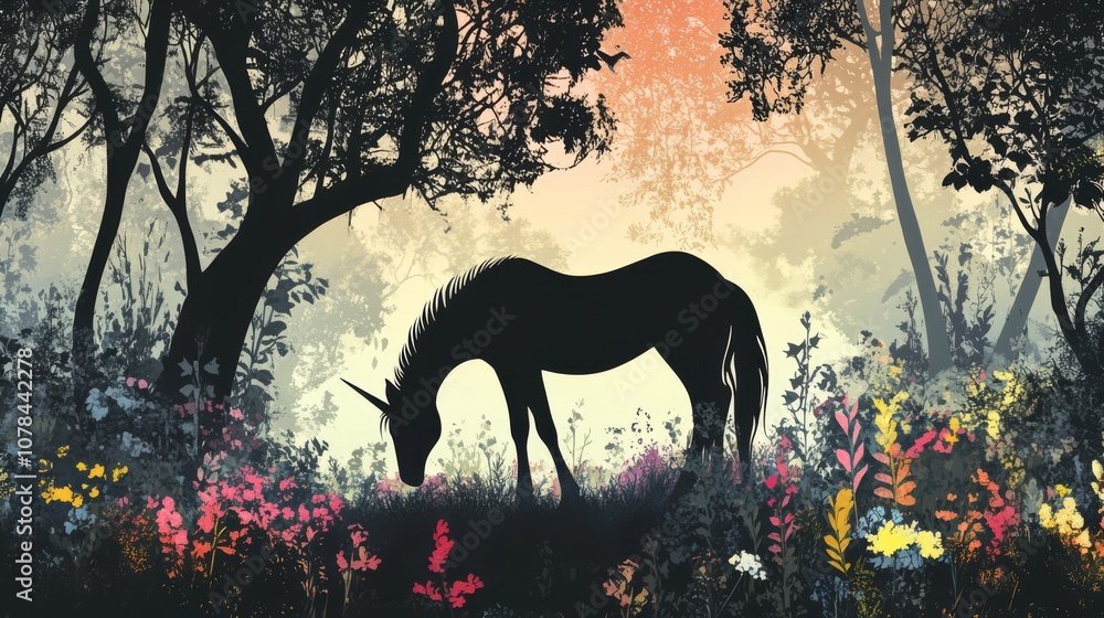 Poster a silhouette of a unicorn grazing in a meadow with flowers and trees in the background.
