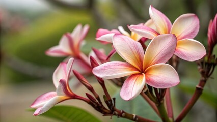 Fototapeta premium Captivating Close-Up of Plumeria Flower with Tilt-Shift Effect Showcasing Vibrant Petals and Soft Focus Background for Nature and Floral Photography Enthusiasts
