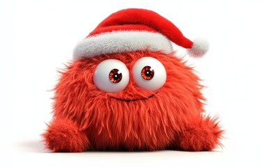 Festive Fluffy Monster with Christmas Hat: A lovable, round holiday monster with plush red fur, sparkling eyes, a jolly expression, and a Santa hat thats a bit too big, slipping over one eye