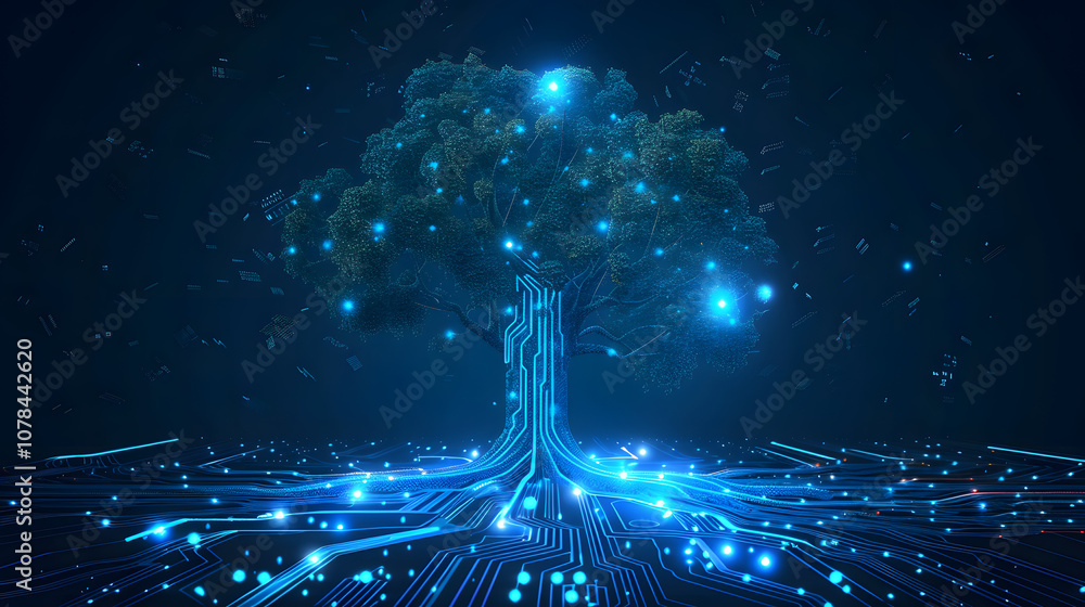 Wall mural tree data technology on blue dark background. digital circuit board internet connection. vector illu