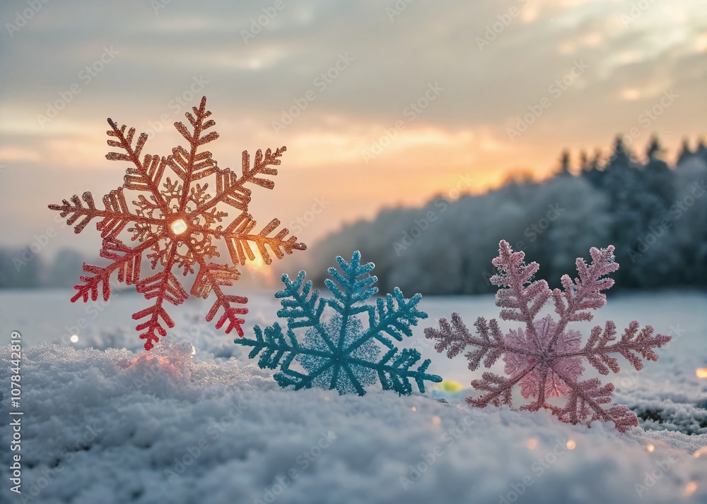 Poster captivating conceptual photography of unique snowflakes, exploring patterns and textures in nature's