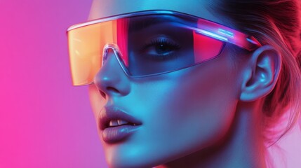 Woman in yellow sunglasses with pink and blue glow