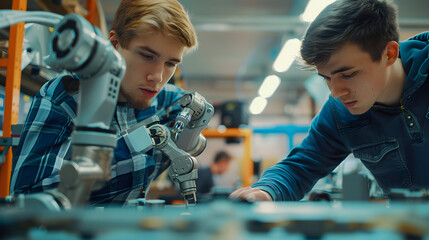 Two Male College Or University Engineering Students In Robotics Class Working On Robot Arm 