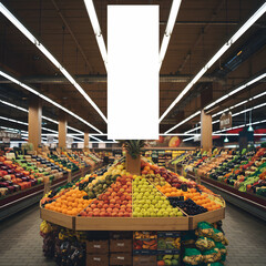 Grocery store displays fresh produce with vibrant fruits and a white vertical banner For Social Media Post Size