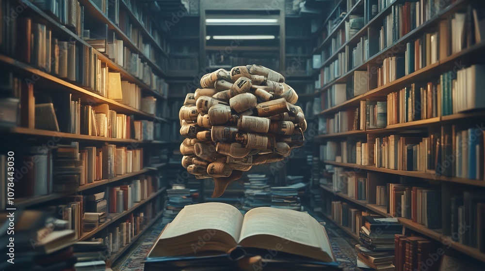 Poster a brain made of books in a library, representing knowledge and learning.