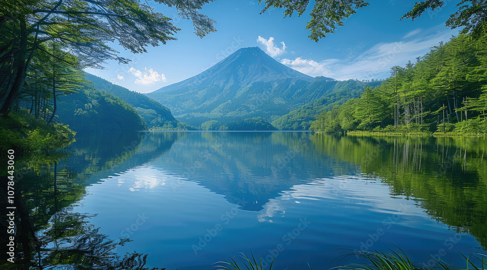 Poster a beautiful lake with the reflection of the mountain, tall trees in front of it, lush greenery aroun