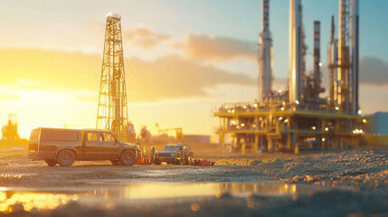 Obraz premium Miniature oil rigs and vehicles at sunset, showcasing petroleum engineering. scene captures essence of reservoir management and exploration in vibrant setting