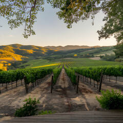 Fototapeta premium Picturesque vineyard bathed in sunset hues with a wooden deck in the foreground For Social Media Post Size