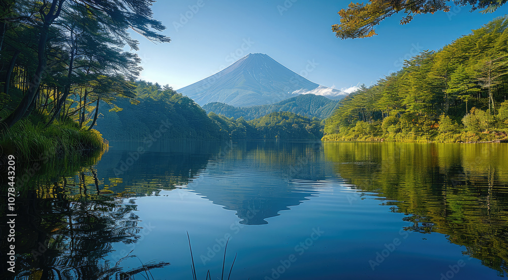Poster a beautiful lake with the reflection of the mountain, tall trees in front of it, lush greenery aroun