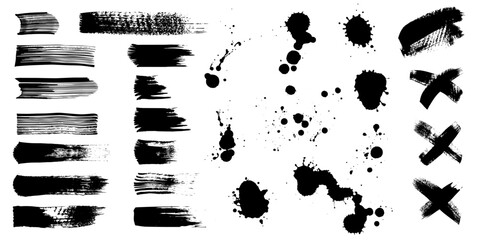 Set of paint brush, ink splatter, crosses, stains and paint stroke. Collection of grunge brush strokes and splash of paint. Artistic textures. Dirty design elements, backgrounds. Kit of ink paintbrush