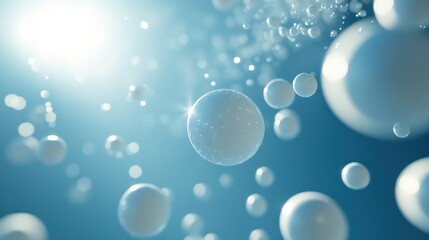 Abstract blue background with white spheres floating and shining light.