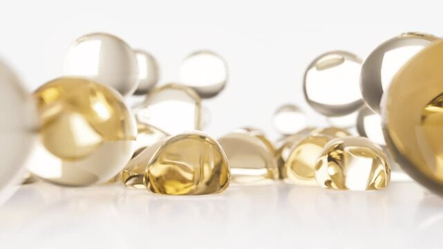 Gold cosmetic serum with liquid bubbles in a 3D abstract background. Hydrating essence gel enriched with collagen molecules. Moisturizing cream or oil for advanced skincare, beauty, and skin health.